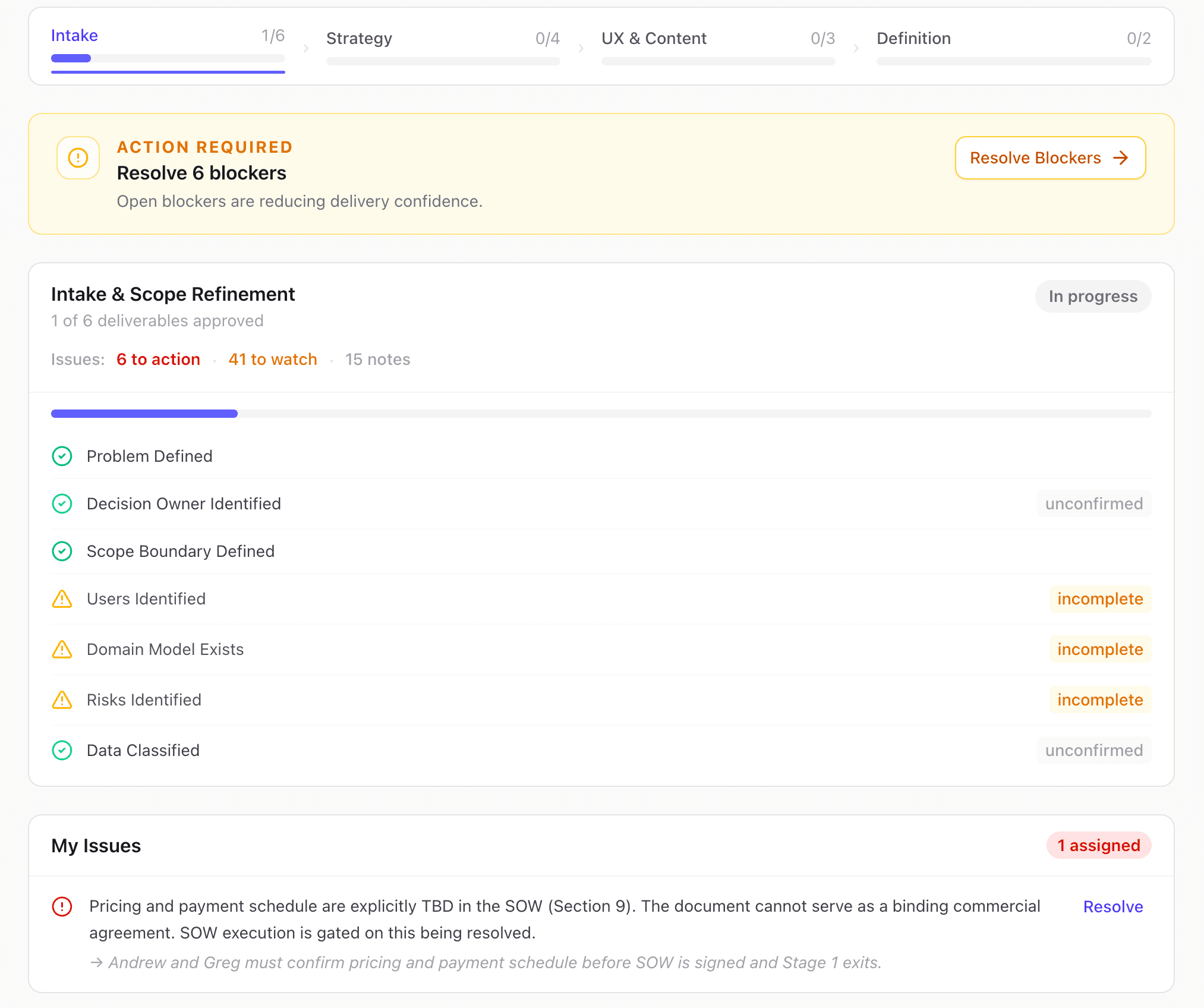 Preflight project overview showing delivery stage readiness, blockers, and issue breakdown