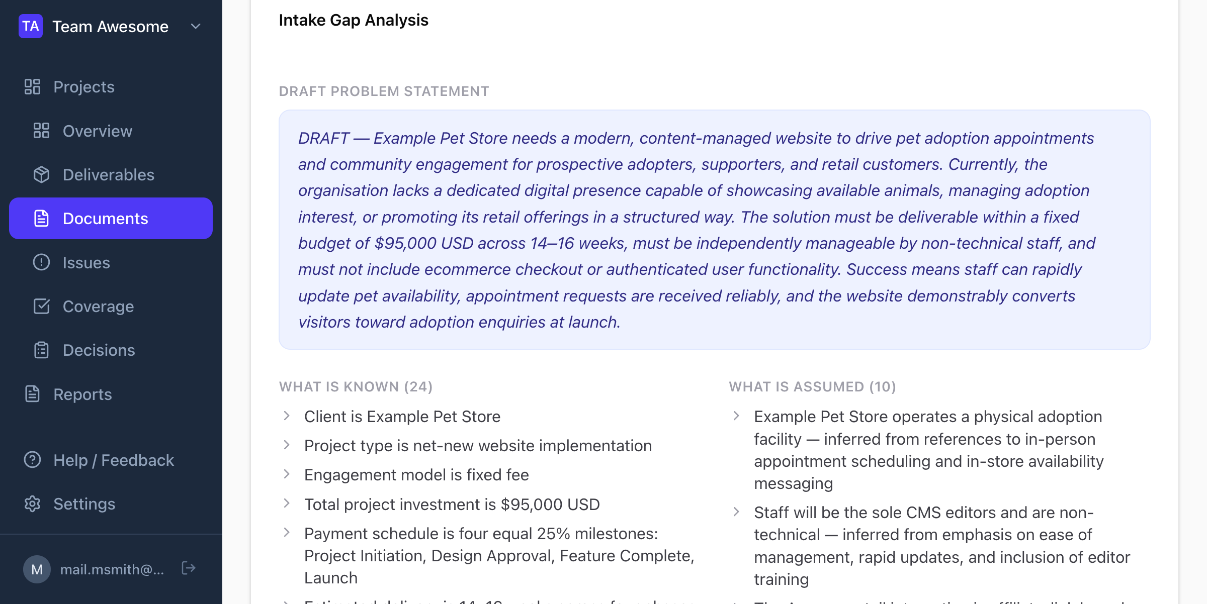 Preflight Intake Gap Analysis — showing draft problem statement, what is known, and what is assumed