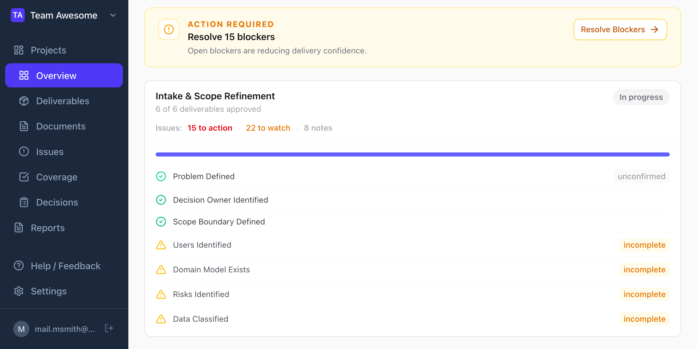 Preflight readiness view — showing intake truth conditions with defined, incomplete, and unconfirmed states